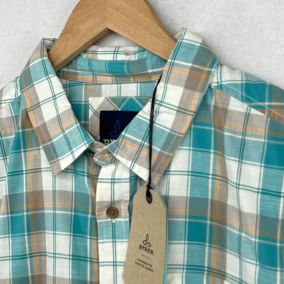 PRANA Shirt Mens L Benton Plaid Button Up Camp Organic Cotton Blend Blue NEW - Picture 2 of 15